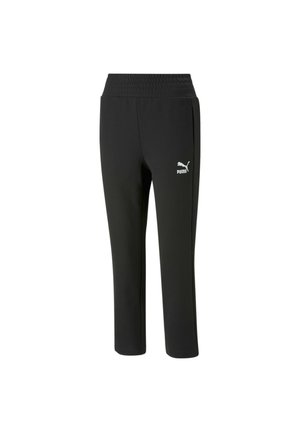 Pantalons de sport noirs en tissu léger, avec une taille élastique et un logo blanc sur la jambe gauche. Design à longueur cropped.