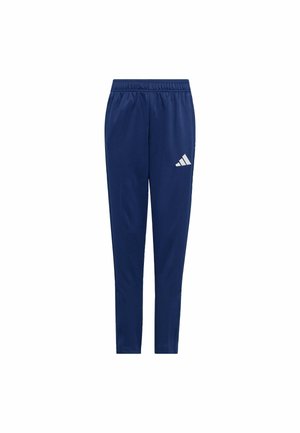 Marineblauwe sportbroek met elastische tailleband en wit Adidas-logo op de linker dij, taps toelopende pijpen.