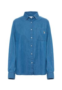 Camicia di jeans blu a maniche lunghe con bottoni sul davanti, taschino sul petto con logo ricamato e colletto classico.