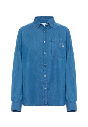 Camicia di jeans blu a maniche lunghe con bottoni sul davanti, taschino sul petto con logo ricamato e colletto classico.
