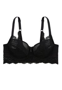 Soutien-gorge en dentelle noire avec armature, présentant un haut en mesh semi-transparent, des bordures en dentelle décoratives, des bretelles réglables et une fermeture à l'avant.
