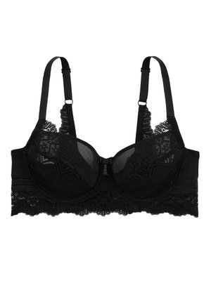 Soutien-gorge en dentelle noire avec armature, présentant un haut en mesh semi-transparent, des bordures en dentelle décoratives, des bretelles réglables et une fermeture à l'avant.