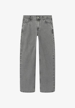 Tejanos de mezclilla gris con un diseño de pierna recta, que cuentan con cinco bolsillos, un cierre de botones y un ligero desgaste en la tela para añadir textura.