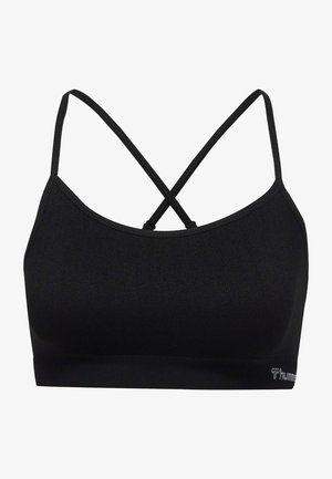 Schwarzer, gerippter Sport-BH mit dünnen, überkreuzten Trägern und einem runden Ausschnitt. Mit einem dezenten Logo-Detail am unteren Rand. Elastischer Stoff.
