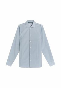 Lys blå langærmet skjorte lavet af bomuld med et lille ternet mønster, der har en spids krave og knaplukning foran.