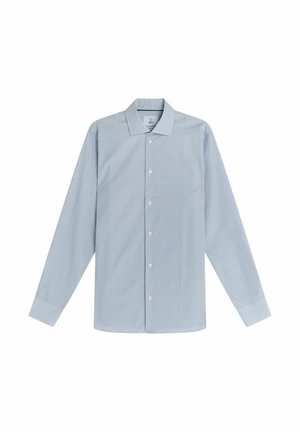 Jasnoniebieska koszula z długim rękawem wykonana z bawełny, z małym wzorem w kratkę, z kołnierzykiem w szpic i zapięciem na guziki z przodu.