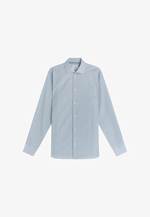 Jasnoniebieska koszula z długim rękawem wykonana z bawełny, z małym wzorem w kratkę, z kołnierzykiem w szpic i zapięciem na guziki z przodu.