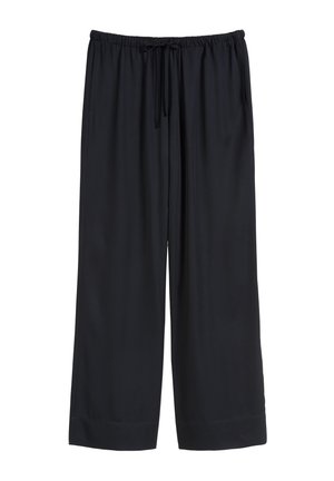 Schwarze weit geschnittene Hosen mit elastischem Bund und Kordelzug, die eine glatte Textur haben und keine sichtbaren Muster oder Akzente aufweisen.