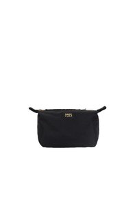 Schwarze Tasche aus strukturiertem Stoff mit goldenem Logo. Verfügt �über einen Reißverschluss und zwei Griffschlaufen an den Seiten für einfachen Transport.