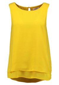 Gul ærmeløs bluse lavet af glat stof, med rund halsudskæring og nøglehuls lukning på ryggen. Lidt længere bageste kant.