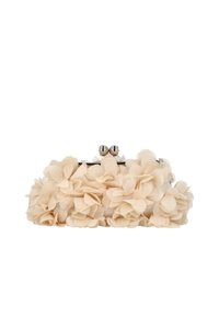 Geantă de mână bej cu aplicații de flori din material textil, închidere metalică de tip kiss-lock și suprafață cu textură netedă.