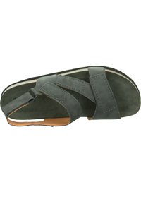 Gray leather sandal with three adjustable straps, open back, suede insole, and a textured rubber outsole. Features minimal stitching details.