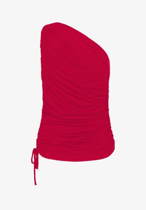 Red one-shoulder top made from soft, stretchy fabric with gathered texture; includes adjustable drawstring detail at the hem.