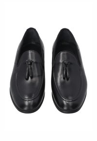 Sorte læderslippers med en glat tekstur, der har en lille frynseaccent på vristen og et afrundet tådesign.