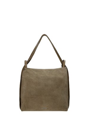 Bolso mediano de ante topo para llevar al hombro con una sola correa y un pequeño logo plateado sutil en el centro delantero.