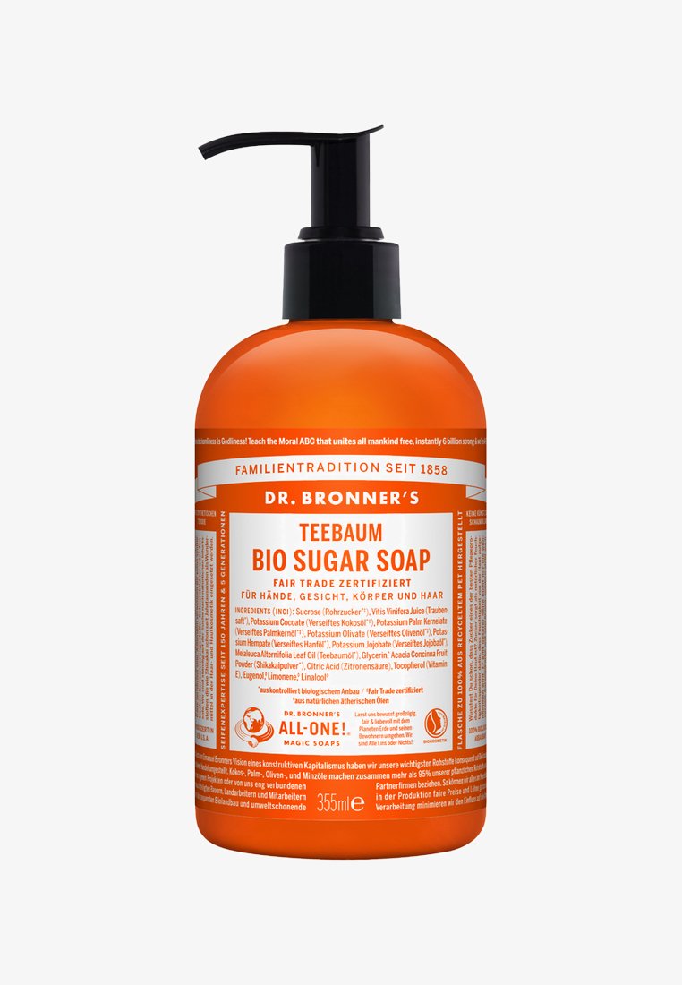 Dr. Bronner's bio suikerzeep in een oranje plastic pompfles van 355 ml. Bevat een zwarte pomp, witte en oranje tekst met productdetails en ingrediënten.