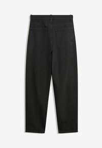 Schwarze Denim-Hosen mit geradem Bein, hoher Taille, zwei Gesäßtaschen und einer glatten, strukturierten Oberfläche.