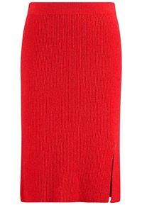Rode geribbelde gebreide rok met een aangesloten silhouet, voorzien van een zijsplit voor optimale bewegingsvrijheid en een soepele elastische tailleband.