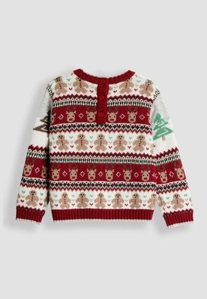 Sweter dzianinowy w kolorze kremowym i czerwonym, z festiwalowymi reniferami, piernikami i drzewkami w wzorze. Guziki przy dekolcie.