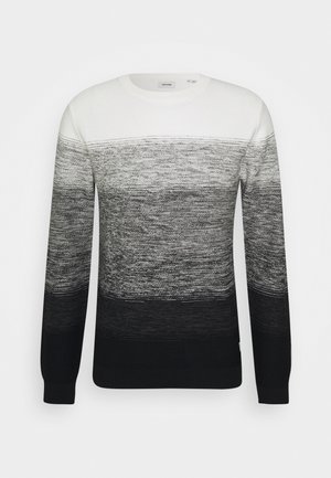 Pull en tricot avec un motif dégradé allant de blanc à noir, en tissu texturé et avec des poignets côtelés. Encolure ronde et manches longues.