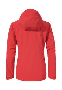 Giacca impermeabile rossa con cappuccio, maniche lunghe e polsini regolabili con Velcro. Texture liscia, design pratico per l'uso all'aperto.