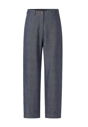 Pantalon en denim gris foncé taille haute, coupe droite, avec passants pour ceinture, fermeture à boutons à l'avant et fermeture éclair sur le braguette.