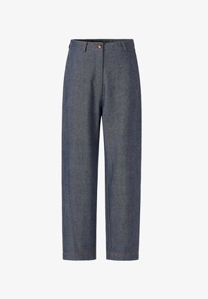 Pantalon en denim gris foncé taille haute, coupe droite, avec passants pour ceinture, fermeture à boutons à l'avant et fermeture éclair sur le braguette.