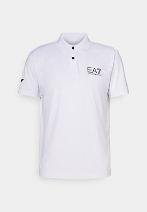 White polo shirt made of textured fabric, featuring a two-button placket, black EA7 logo on the chest, and short sleeves with accent detail.