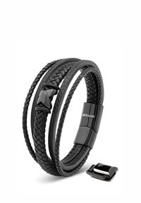 Black braided leather bracelet with a sleek clasp; features a textured design and a small, polished accent piece.