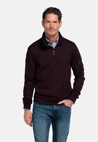 Bordeaux kleurige pullover met een ritssluiting bij de kraag, lange mouwen en zijzakken. Draagt over een geruit shirt, gecombineerd met blauwe jeans.