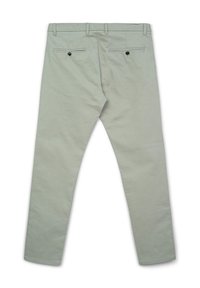 Light grey, slim-fit trousers with four pockets, featuring contrast stitching and black button accents. Smooth fabric texture, straight leg design.