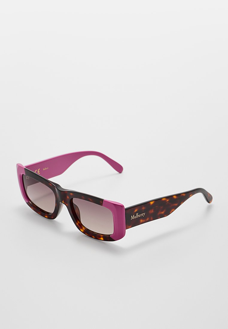Schildpatt-Sonnenbrille mit lila Akzenten; rechteckiges Design; Verlaufslinsen; goldfarbene "Mulberry"-Markierung an der Seite.