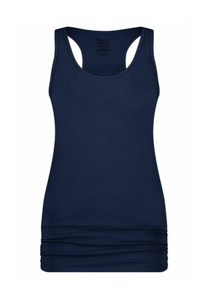 Navy blauwe tanktop van een katoenmix, met een ronde halslijn, racerback ontwerp en gathered detail aan de zoom.
