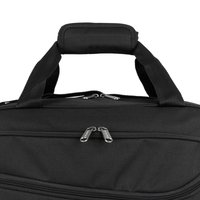 Schwarze Stoff-Duffel-Tasche mit gepolstertem Griff, doppeltem Reißverschluss und glatter Textur, im rechteckigen Design.