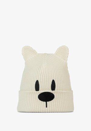 Gorro de lana en color crema con textura acanalada. Presenta orejas de oso y detalles de cara bordados en negro: ojos y nariz en la parte frontal.