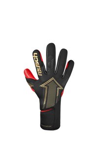 Schwarze und rote Torwarthandschuhe mit goldenem Pfeildesign und "reusch"-Branding auf der Handrückseite und im Handgelenkbereich.