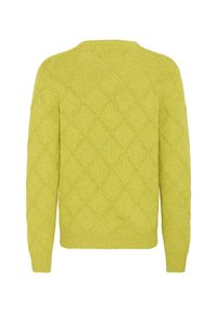 Gelber Strickpullover mit Rautenmuster, Rundhalsausschnitt und gerippten Bündchen und Saum. Hergestellt aus strukturiertem Garn für ein gemütliches Erscheinungsbild.