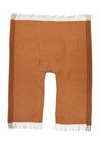 Brauner Schal mit fransenförmigen Kanten und einem Ausschnitt in der Mitte. Weicher Stoff, leichtes Material und einfarbig ohne Muster oder Metallteile.