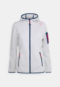 Light gray fleece jacket with a hood, navy accents, front zip, and red zipper pulls. Features side pockets and a sleeve pocket with a zipper.