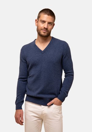 Navy blauwe V-halstrui gemaakt van zacht breiwerk, met lange mouwen en geribbelde manchetten en zoom voor een getailleerde look.