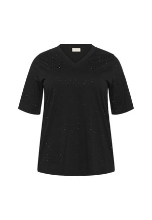 Camiseta de cuello en V de manga corta negra, hecha de una tela suave, con pequeños patrones recortados en toda la prenda para añadir textura y detalle.