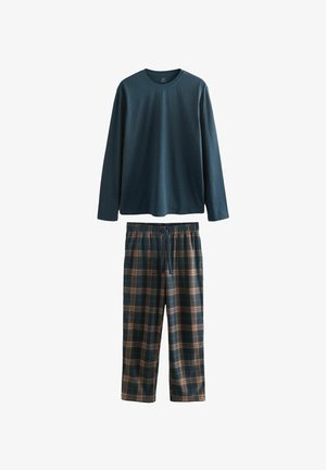 Sæt af bomulds-loungewear bestående af en langærmet mørk teal t-shirt og ternede bukser med Navy, grønne og brune nuancer.