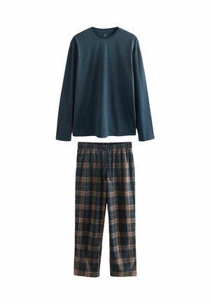Long-sleeve dark teal top with a round neck and plaid pajama pants in dark green, brown, and beige, featuring an elastic waistband.