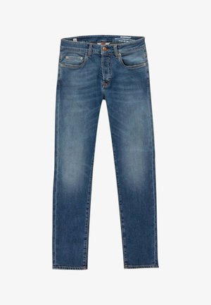 Jeans in denim blu con vestibilità slim, design a cinque tasche, chiusura con bottoni e dettagli sbiaditi sottili su cosce e ginocchia.