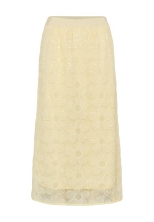 Vaaleankeltainen midihame, jossa on kirjailtuja suuria kukkakuvioita ja hienovaraisia paljettikoristeita, leveällä joustavalla vyötärönauhalla.