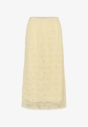 Fustă midi galben pal cu modele mari florale brodate și accente subtile de paiete, prevăzută cu o talie elastică lată.