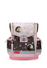Zaino con una combinazione di colori rosa, marrone e argento. Presenta motivi a stella, motivi di cavalli e una striscia riflettente. Include tasche laterali.