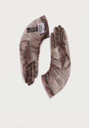 Guantes transparentes con un patrón abstracto en marrón y beige, detalle fruncido en la muñeca y una etiqueta de Vivienne Westwood en un guante.