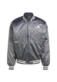 Grey satin bomber jacket featuring embroidered "ADIDAS" lettering, ribbed cuffs, and a collar with white stripes. Front snap closure.