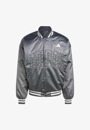 Grey satin bomber jacket featuring embroidered "ADIDAS" lettering, ribbed cuffs, and a collar with white stripes. Front snap closure.